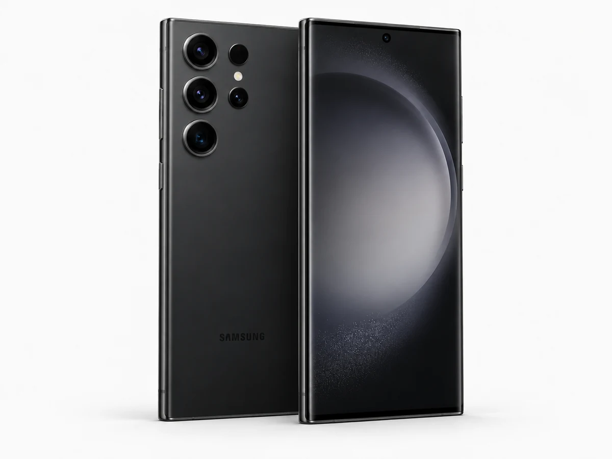 Samsung Galaxy S23 Ultra in Phantom Black – Vorder- und Rückansicht (Modellabbildung)