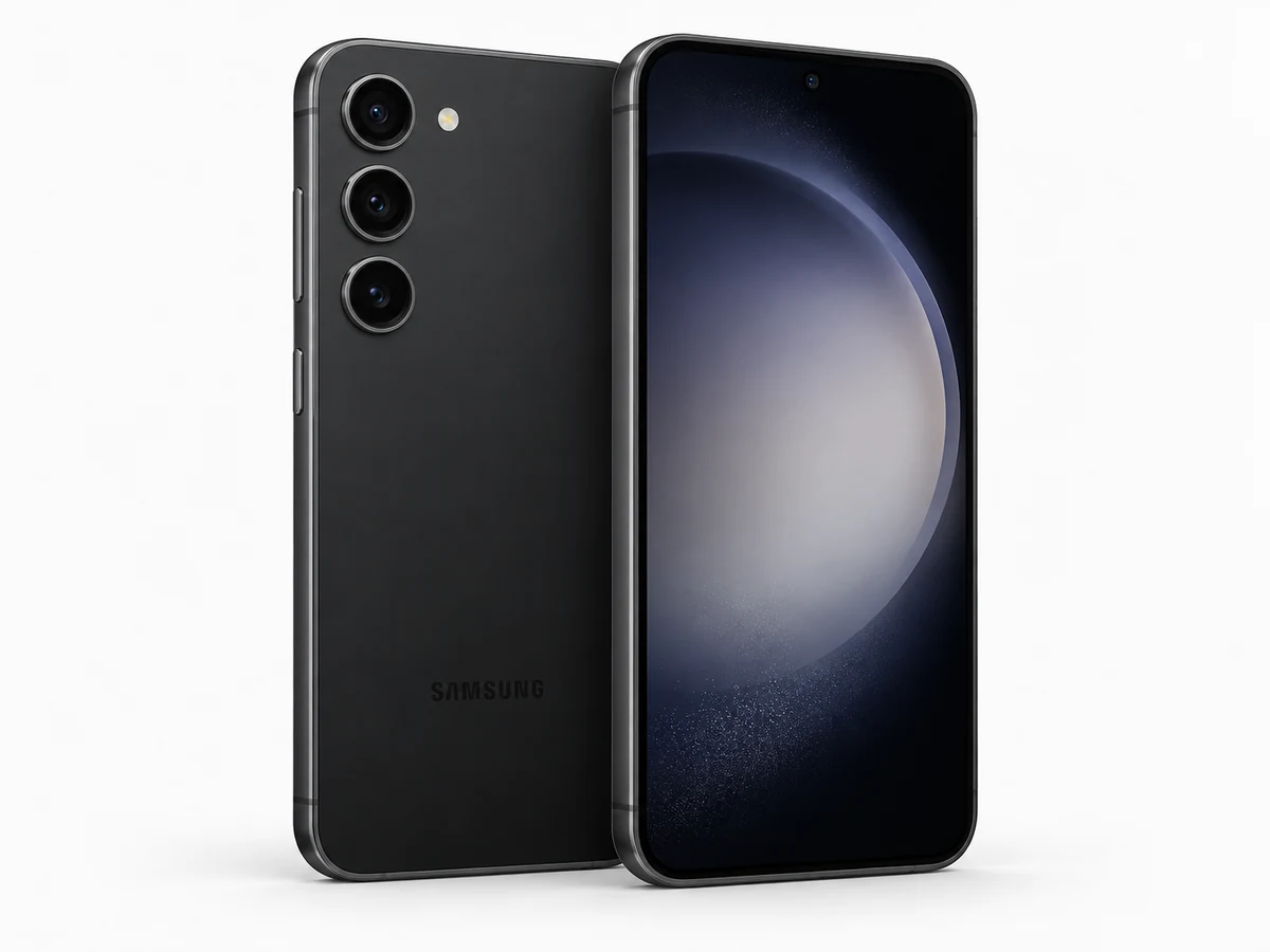Samsung Galaxy S23 in Phantom Black – Vorder- und Rückansicht (Modellabbildung)