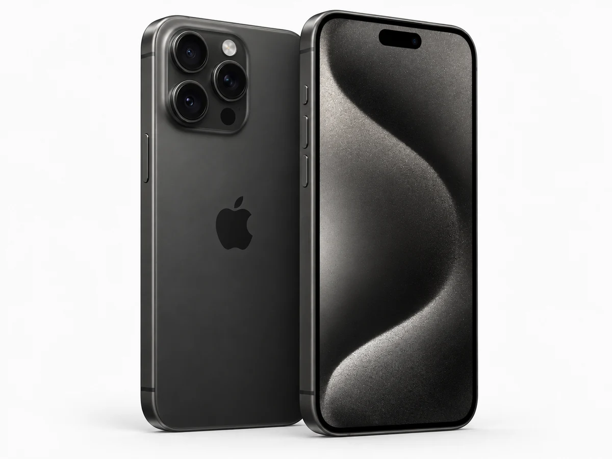 Apple iPhone 15 Pro Max in Titan Schwarz – Vorder- und Rückansicht (Modellabbildung)