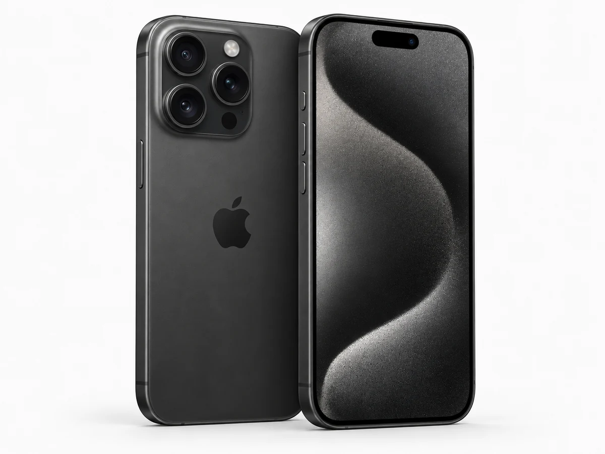 Apple iPhone 15 Pro in Titan Schwarz – Vorder- und Rückansicht (Modellabbildung)