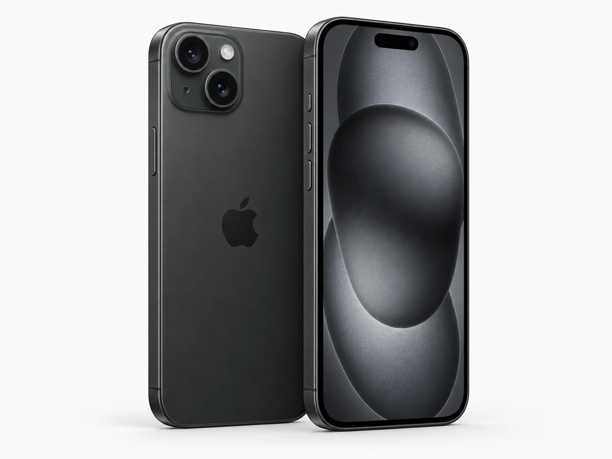 Apple iPhone 15 in Schwarz – Vorder- und Rückansicht (Modellabbildung)