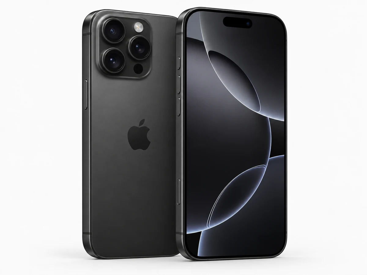Apple iPhone 16 Pro Max in Titan Schwarz – Vorder- und Rückansicht (Modellabbildung)