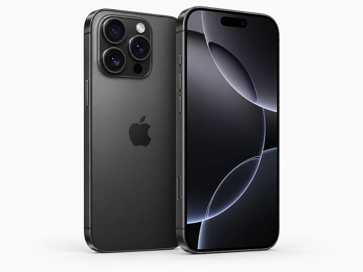 Apple iPhone 16 Pro in Titan Schwarz – Vorder- und Rückansicht (Modellabbildung)
