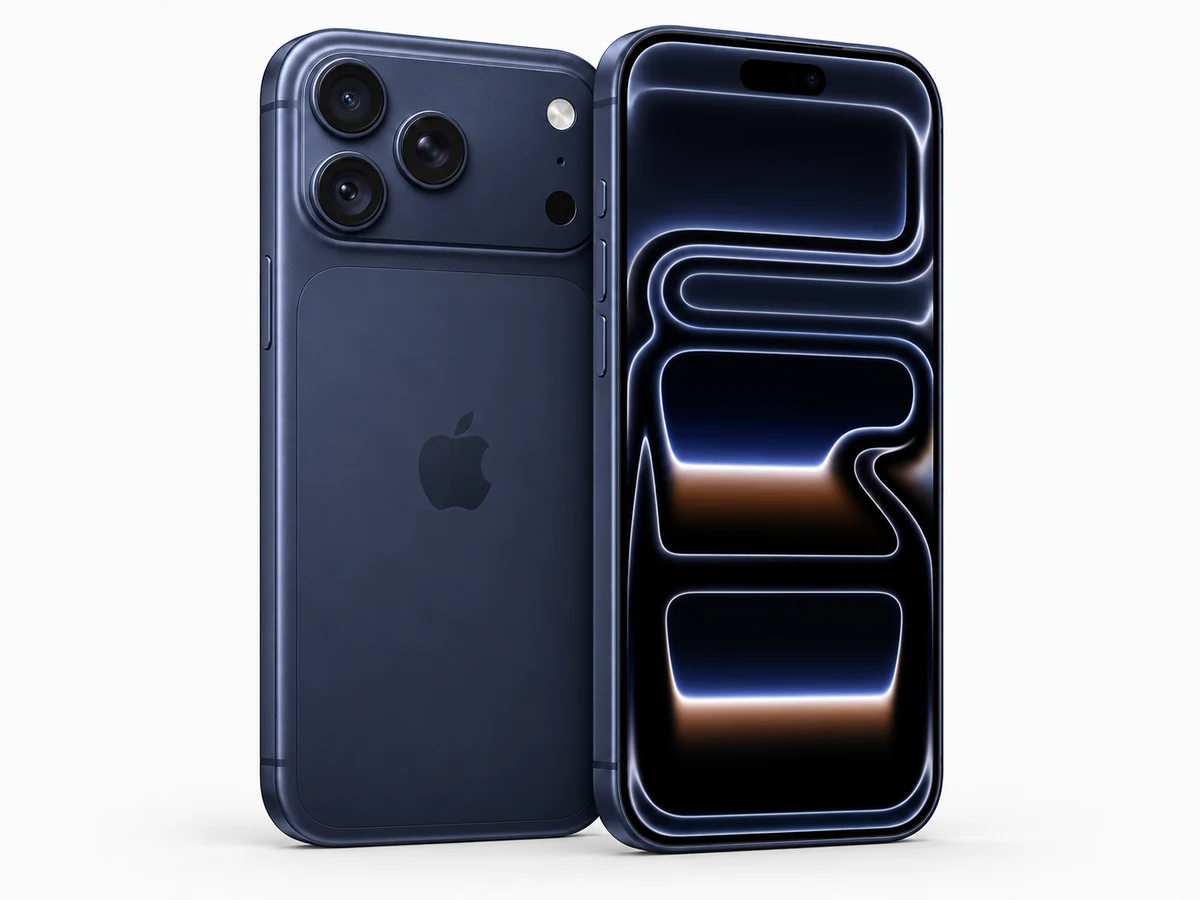 Apple iPhone 17 Pro Max in Tiefblau – Vorder- und Rückansicht (Modellabbildung)